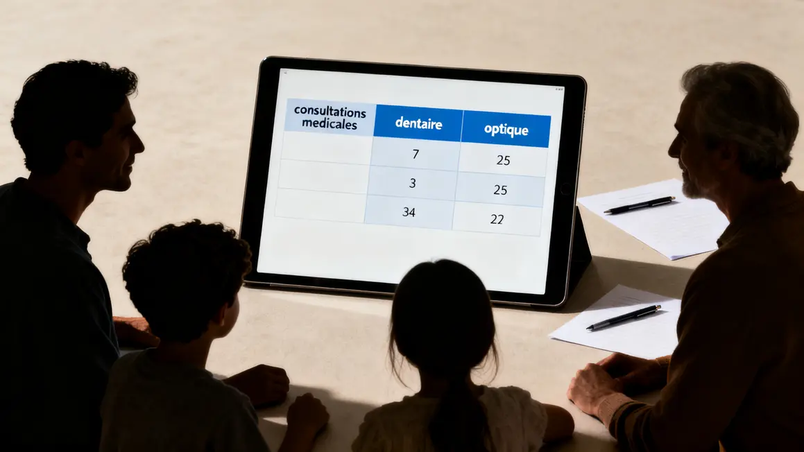 Comment réussir mutuelle santé étape par étape en petit budget 2 famille analysant besoins tableaux chiffres mutuelle sante