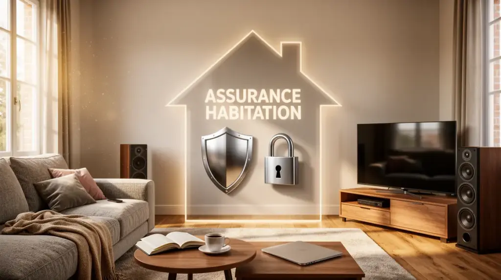 Salon moderne stylisé avec symboles de protection et objets de valeur pour assurance habitation