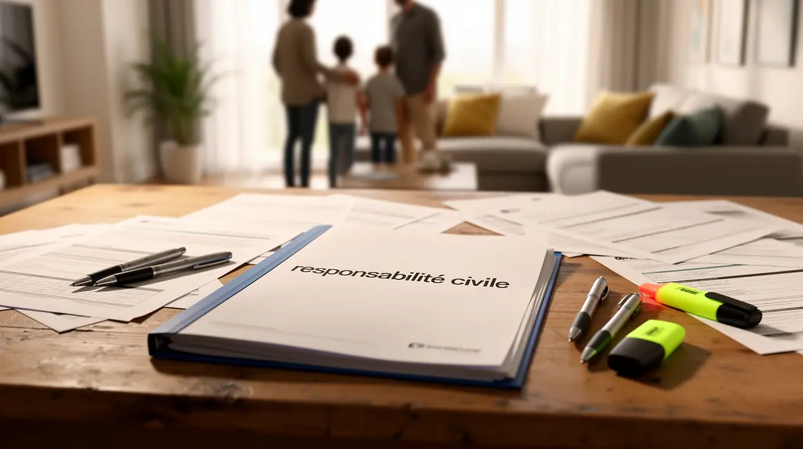 responsabilité civile : checklist avant de se lancer en petit budget 24 Dossier assurance responsabilité civile sur bureau avec documents, famille en arrière-plan