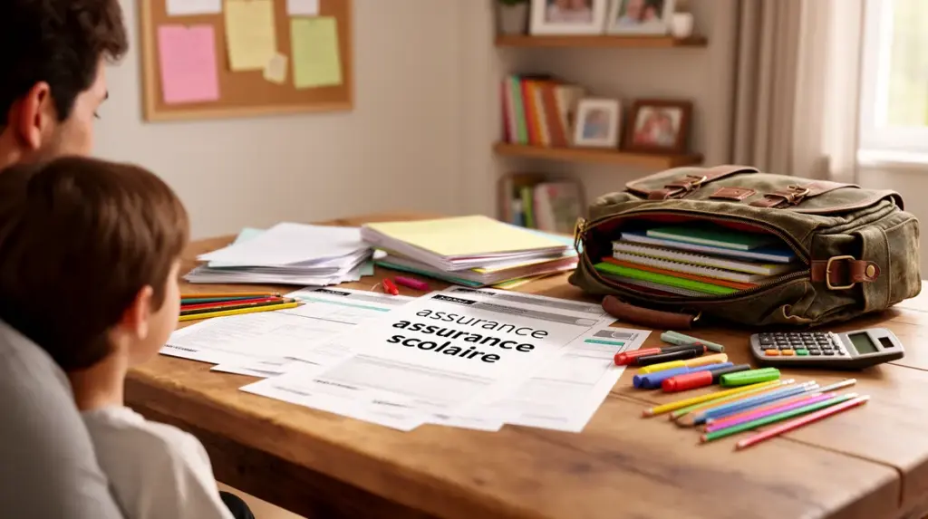 Assurance scolaire sur bureau familial avec documents et cartable