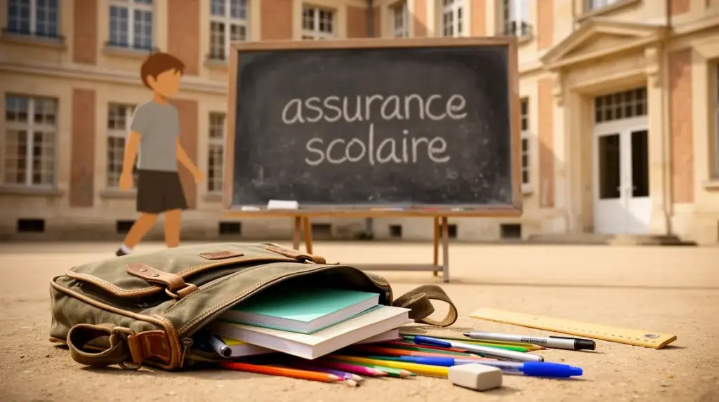 Assurance scolaire cartable ouvert cour d'école tableau noir