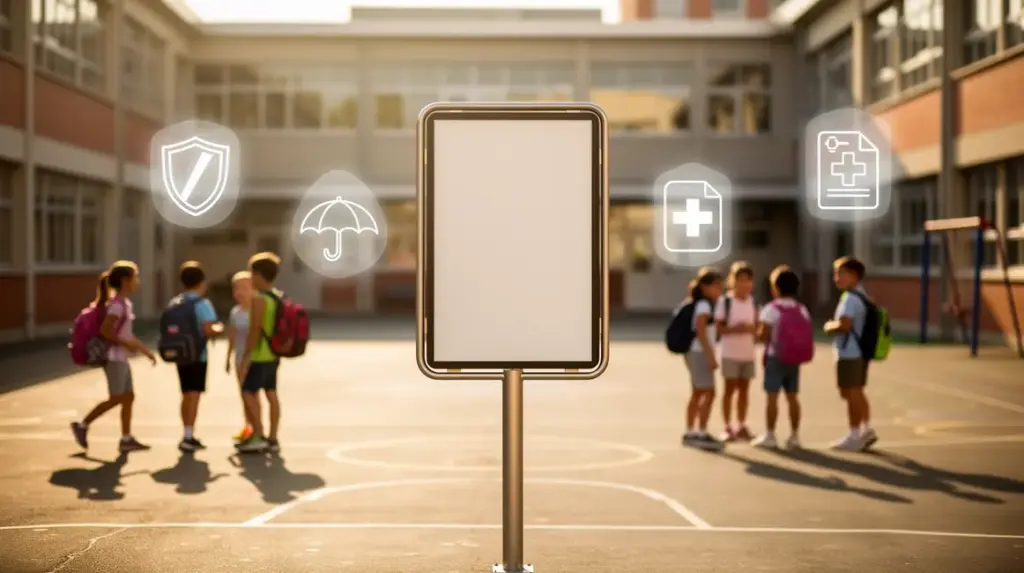Enfants cour école avec pictogrammes assurance scolaire