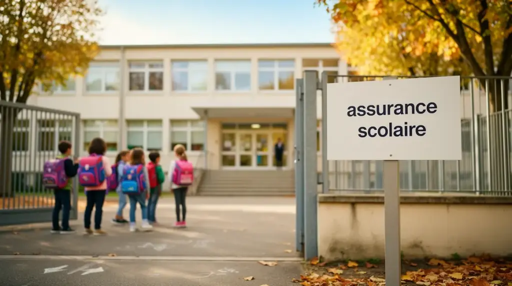 assurance scolaire devant école enfants silhouettes