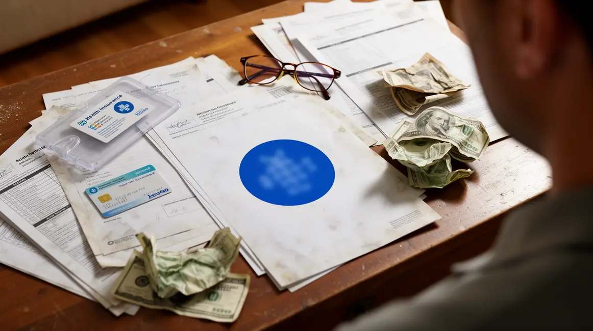 table avec dossiers medicaux carte assurance lunettes et factures cercle bleu avec complementaire sante