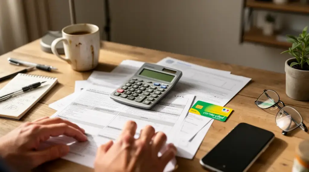 Bureau avec calculatrice et carte vitale, complementaire sante petit budget