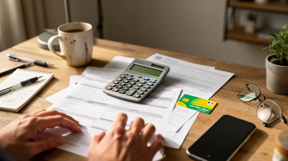 Bureau avec calculatrice et carte vitale, complementaire sante petit budget