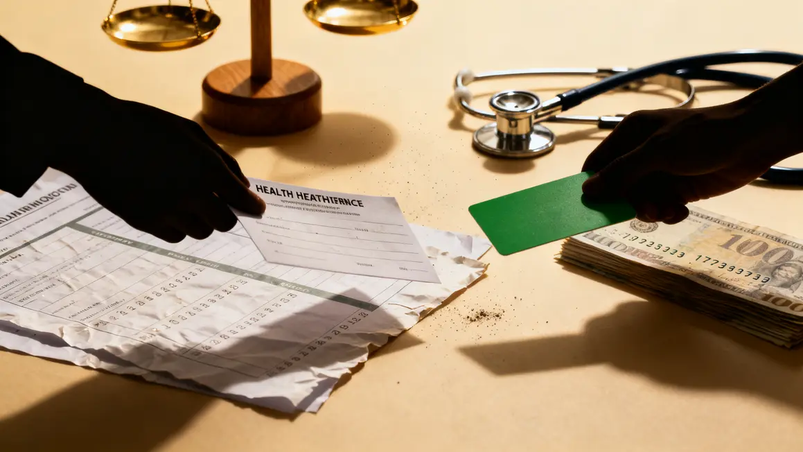 complémentaire santé : comparatif des options possibles 2 personnes echangent feuille et carte vitale avec balance et factures