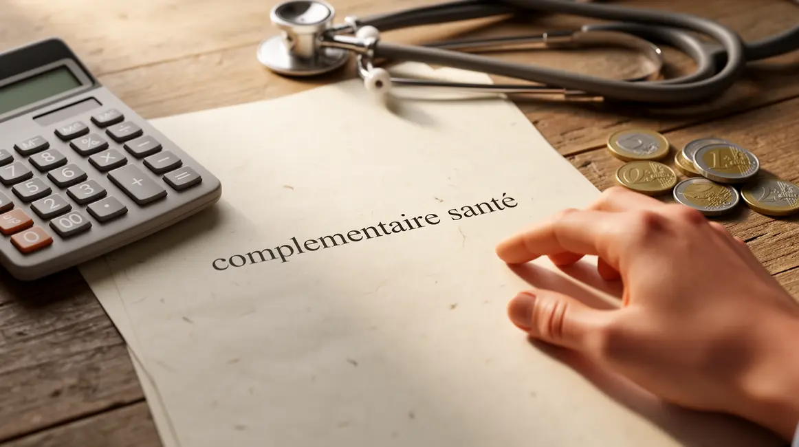 illustration contrat complémentaire santé sur table avec calculatrice et stéthoscope