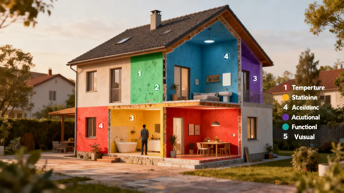 Quels travaux prioriser pour améliorer le confort de sa maison ? 2 Coupe maison zones colorées confort thermique sanitaire acoustique fonctionnel visuel