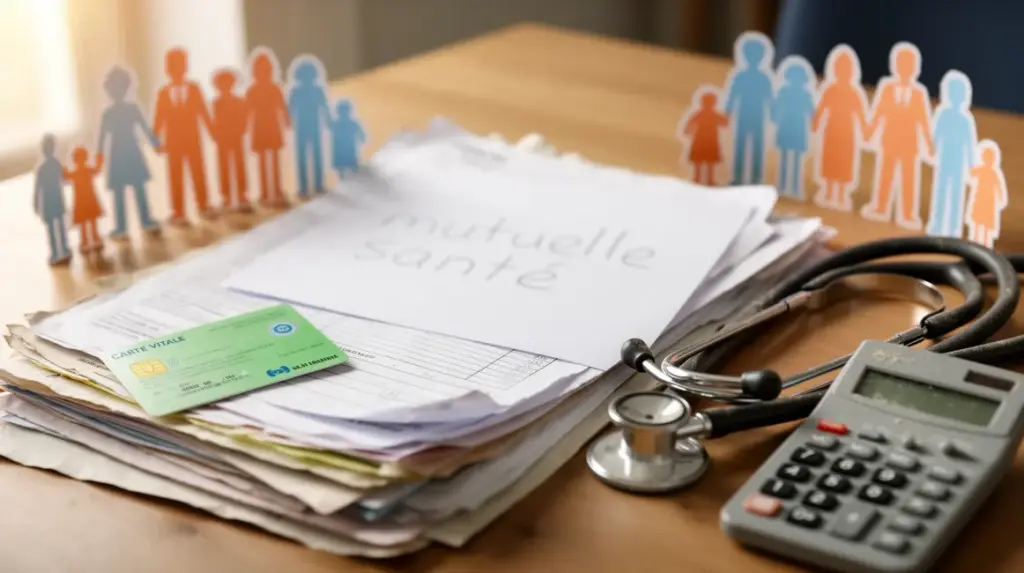Bureau avec papiers carte vitale et stethoscope, mutuelle sante