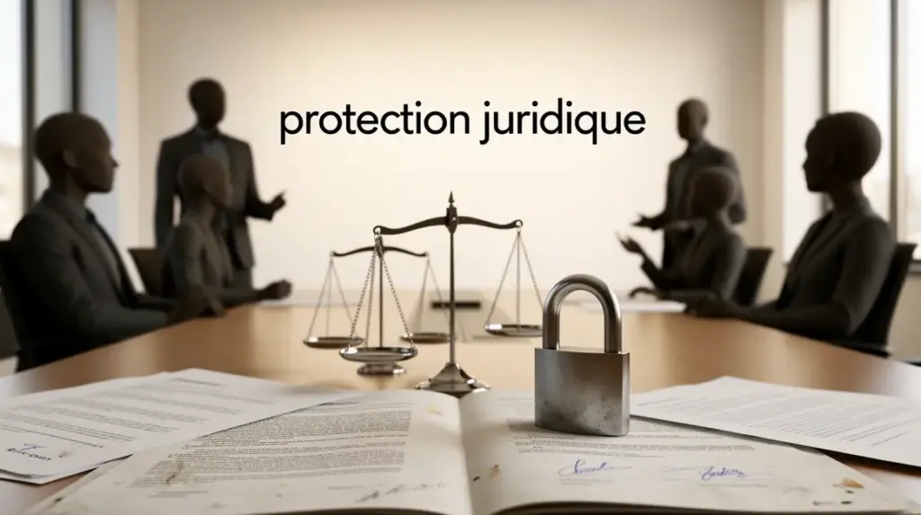Scène protection juridique, bureau, documents et balance