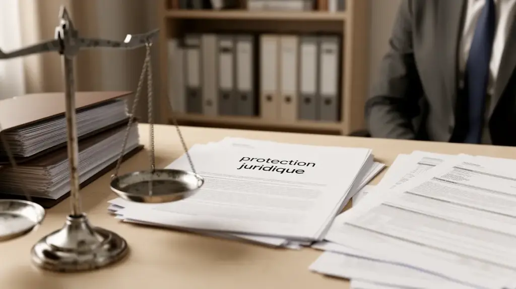 Bureau avec balance de justice et contrats protection juridique