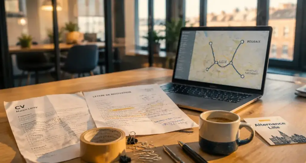 Alternance Lille : CV et lettre de motivation en bureau lumineux