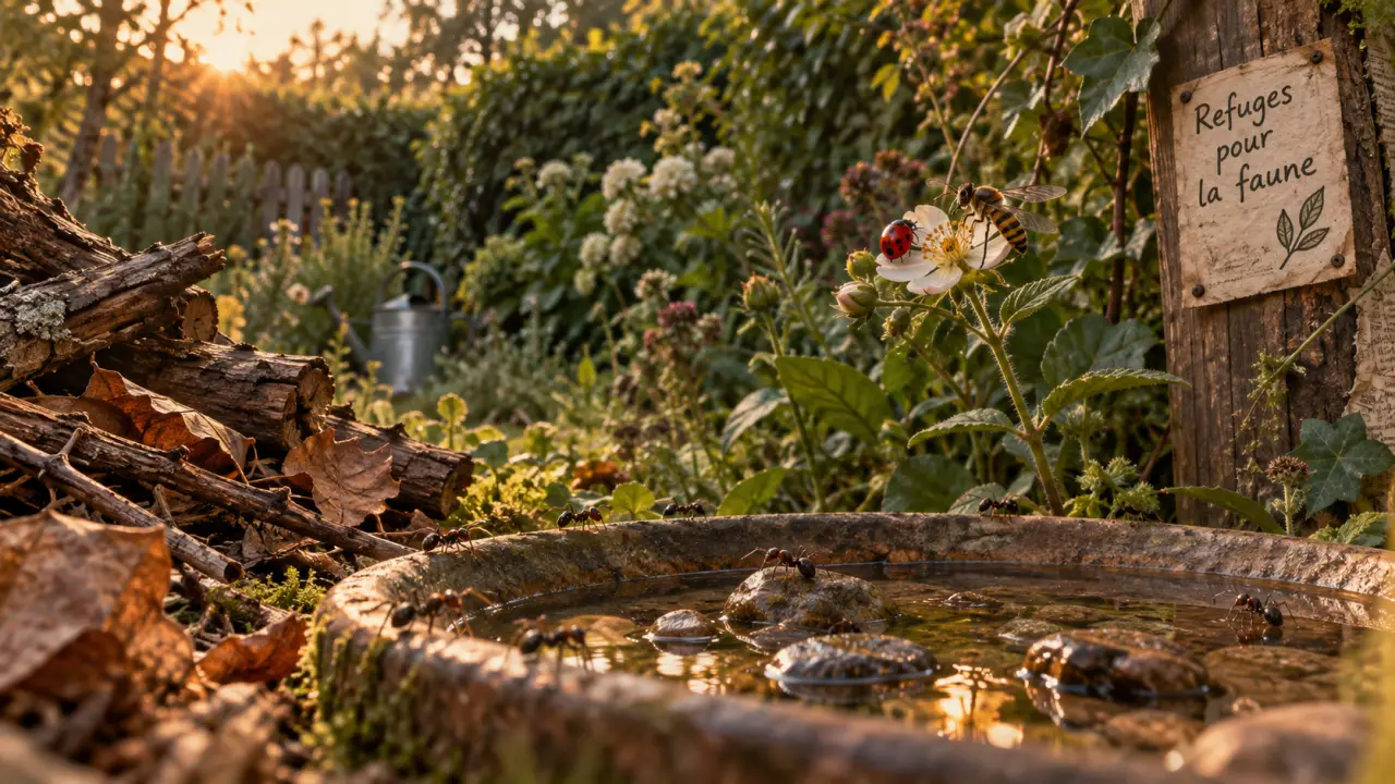 Animaux jardin : coupelle d’eau, insectes, refuges pour alliés naturels