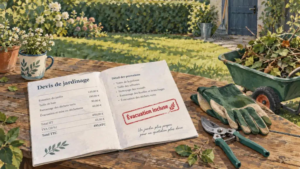 Devis déchets verts pour petit travaux de jardinage chez particulier, gants et brouette