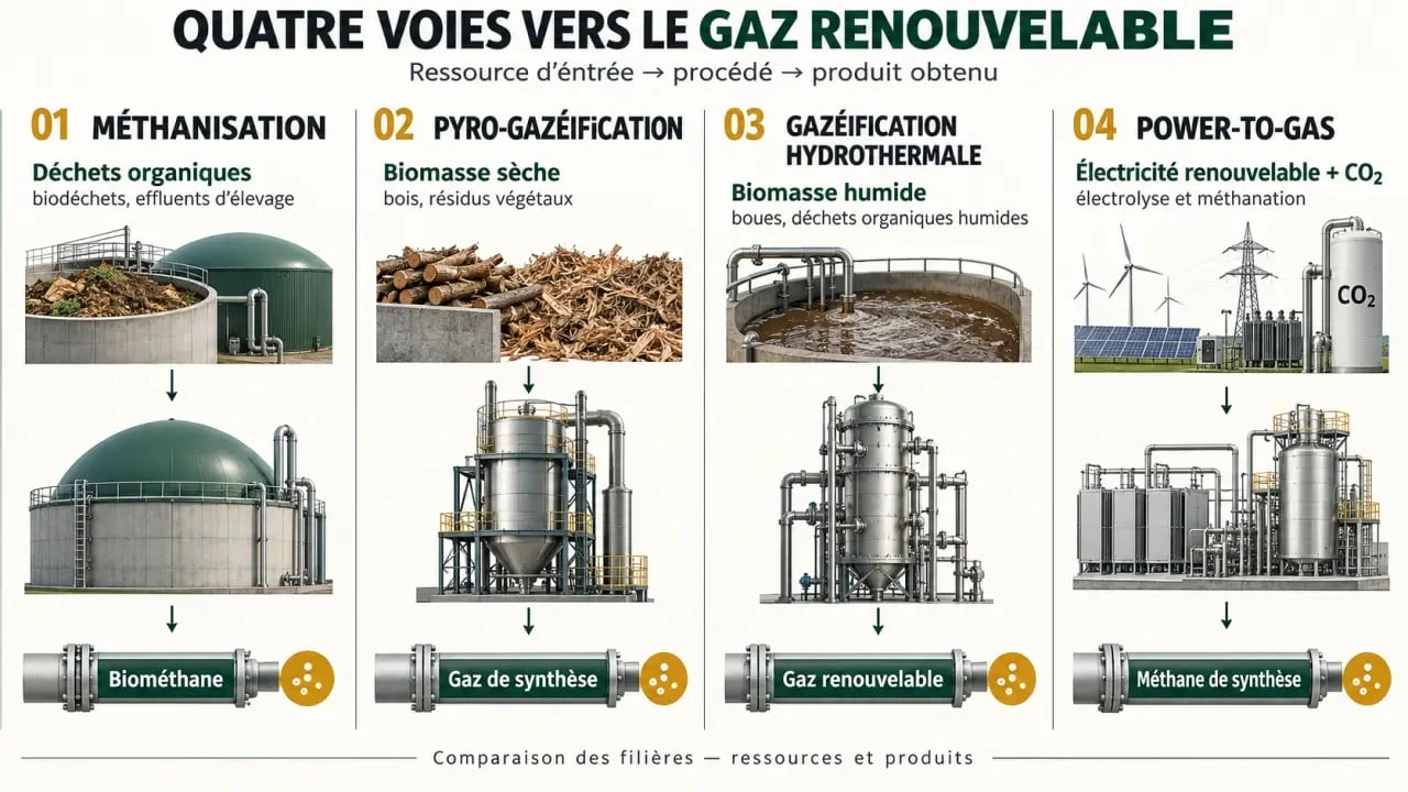 Comparaison des voies de production du gaz renouvelable selon les ressources utilisées