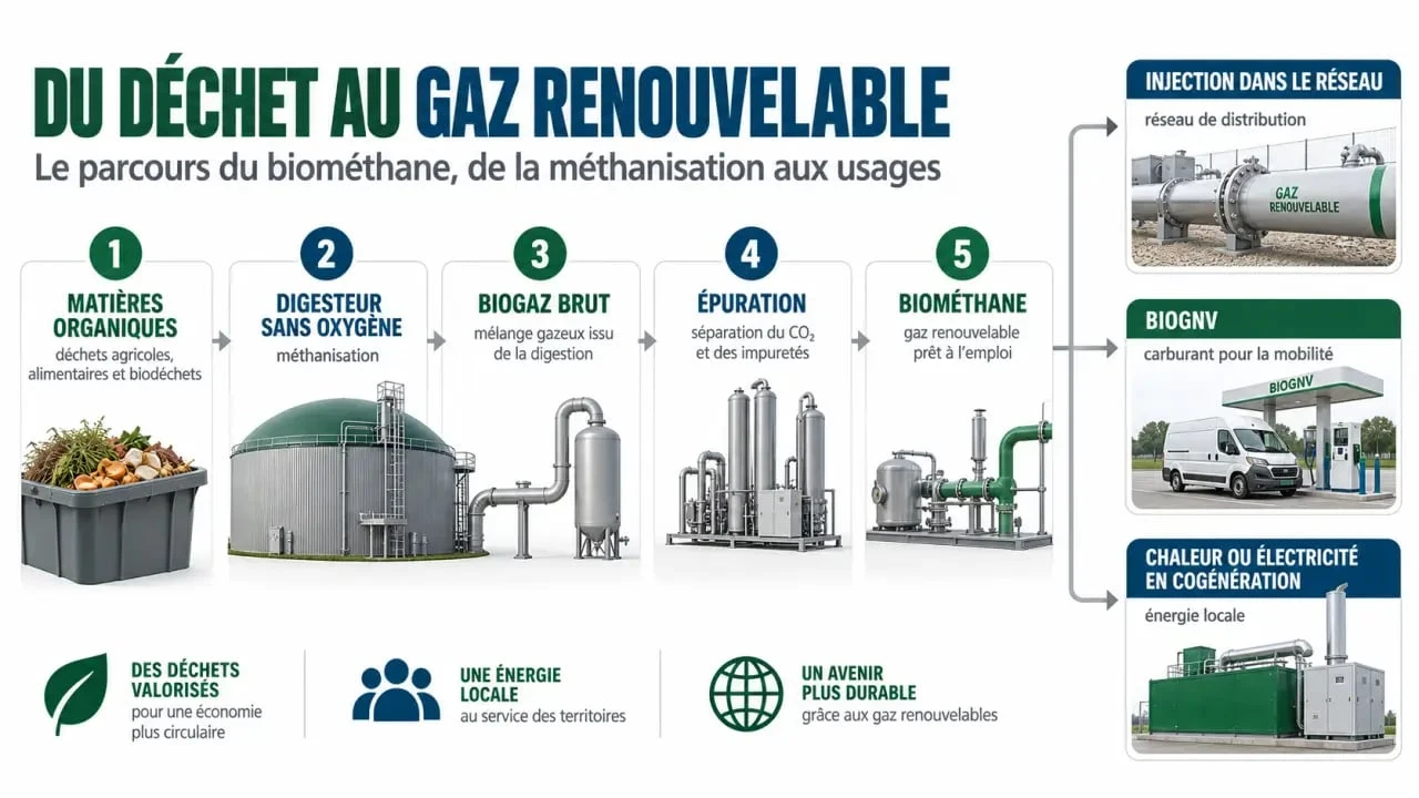 Schéma du parcours du gaz renouvelable, de la méthanisation à l’injection du biométhane et au BioGNV