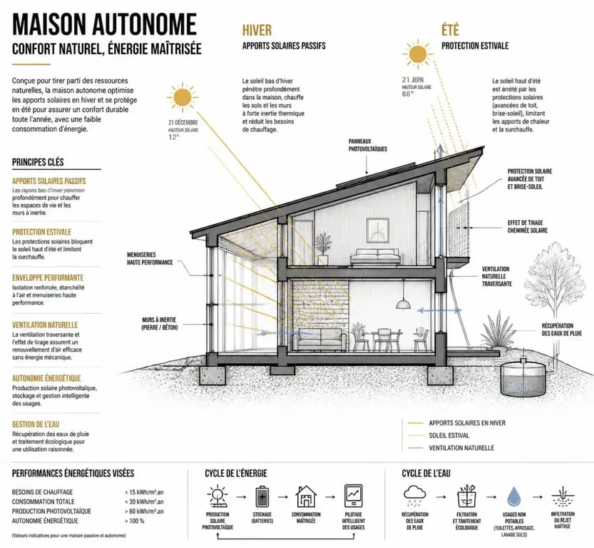 Constructeur de maison autonome : 4 critères techniques pour garantir votre indépendance énergétique 2 Schéma de conception thermique d'une maison autonome avec constructeur maison autonome