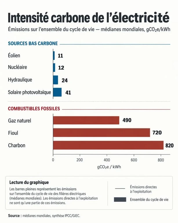 L’énergie bas carbone réduit fortement les émissions, sans garantir le zéro carbone 2 Infographie sur l’énergie bas carbone et les émissions des principales sources d’énergie