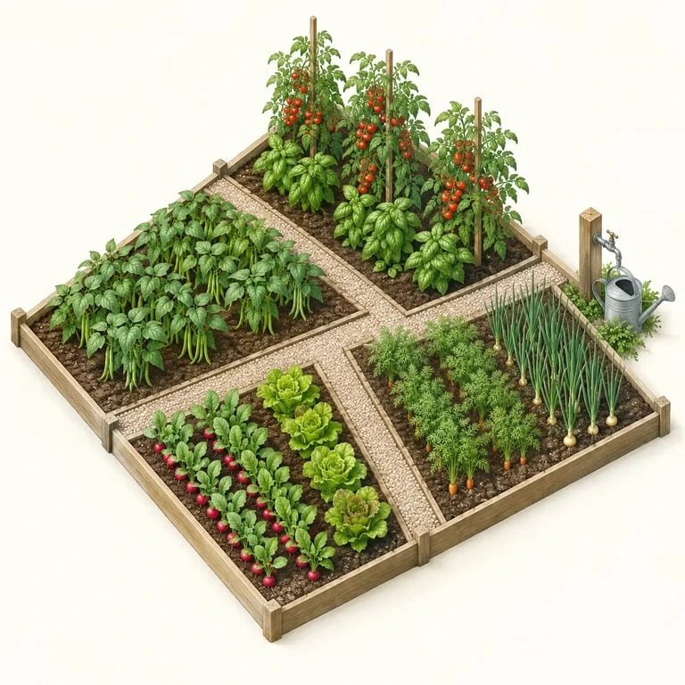 Un plan potager débutant sur 4 m² pour récolter sans s’épuiser 2 Plan potager débutant de 4 m² organisé en quatre zones de culture