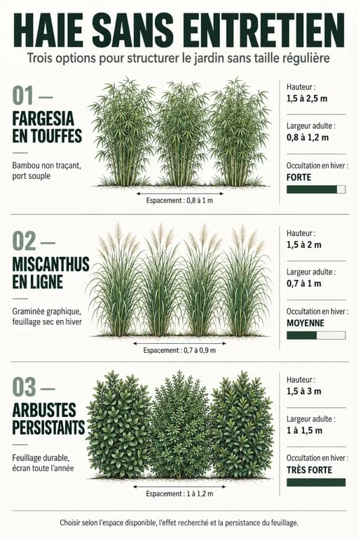 Infographie comparative des solutions de haie sans entretien avec hauteur, largeur et espacement des plants