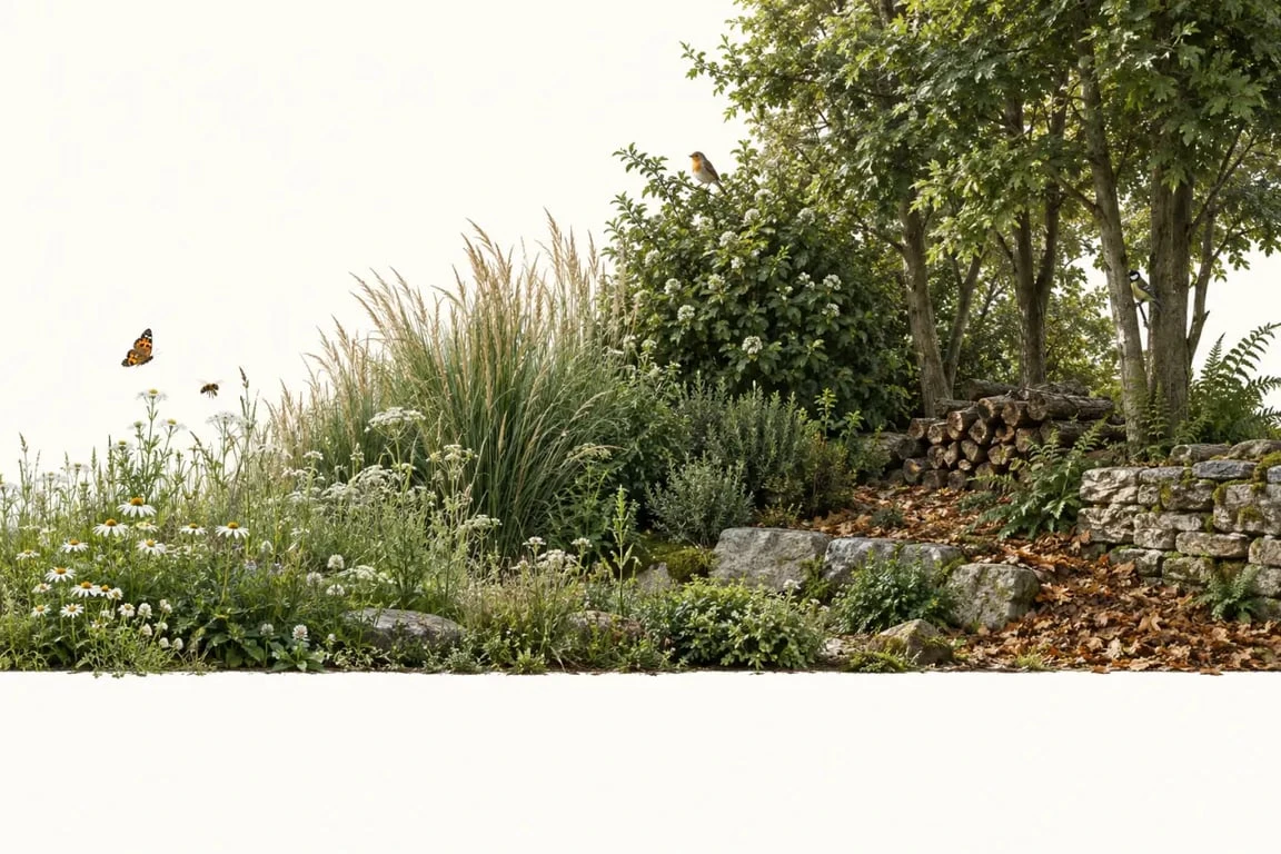 Jardin sauvages avec strates végétales, refuges pour la faune et plantes locales