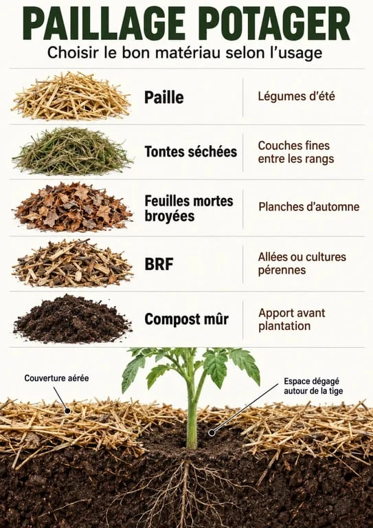 Le paillage potager protège le sol, à condition de choisir le bon matériau 2 Paillage potager : matériaux organiques et usages selon les cultures