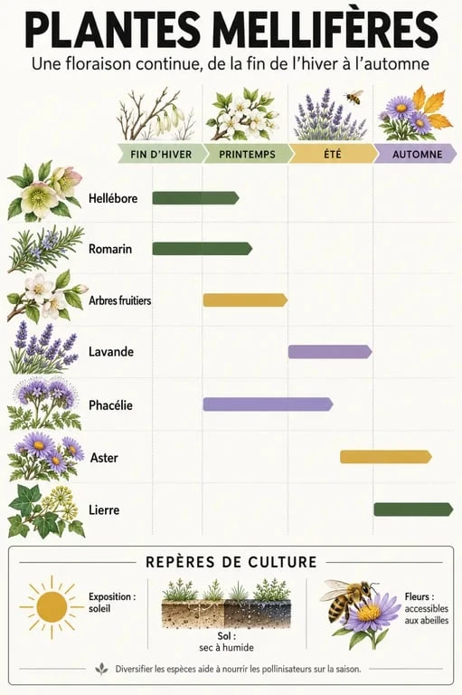 Plante mellifère : échelonner les floraisons pour nourrir les abeilles toute l’année 2 Infographie sur les plantes mellifères et leur floraison selon les saisons