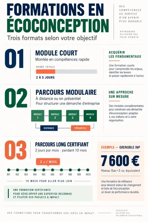 Formation écoconception : module court ou parcours certifiant sur 10 mois ? 2 Formation écoconception : comparaison visuelle des formats courts, modulaires et certifiants