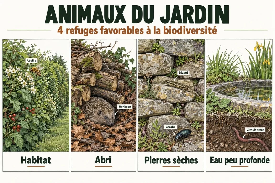 Infographie sur les animaux du jardin et les quatre refuges pour accueillir la biodiversité