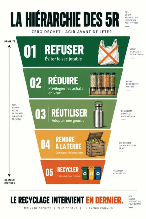 Le zéro déchet commence par les 5R et 7 gestes faciles à adopter 2 Infographie des 5R du guide zéro déchet, de la prévention au recyclage