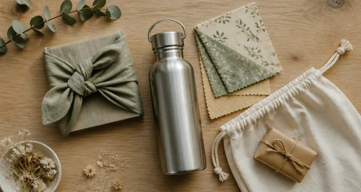 Idée cadeau zéro déchet : gourde, bee wraps, sac à vrac et savon solide sur table