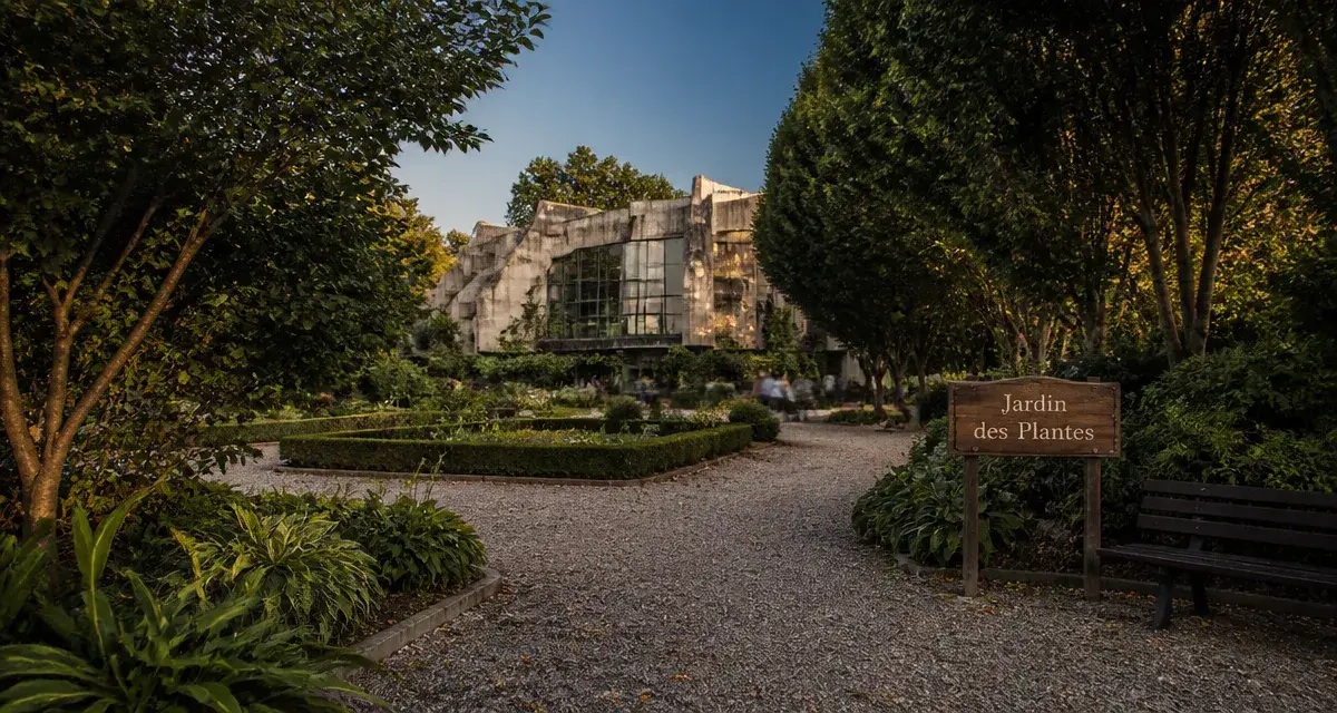 le jardin des plantes lille : allée gravillonnée et serre équatoriale