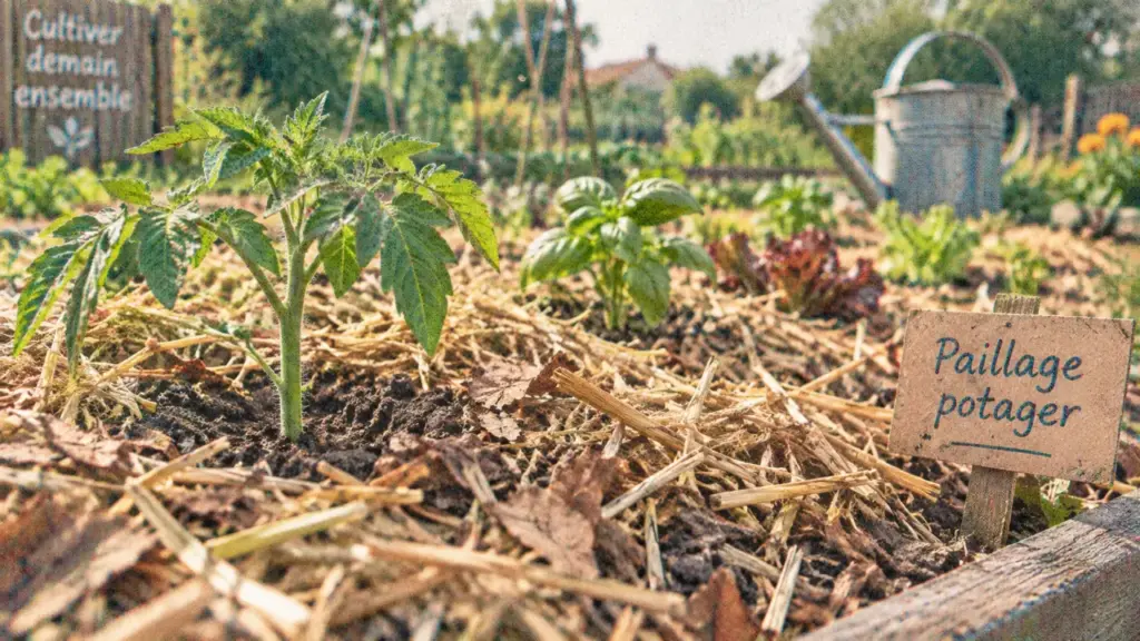Paillage potager en paille et feuilles autour de jeunes plants, sol protégé