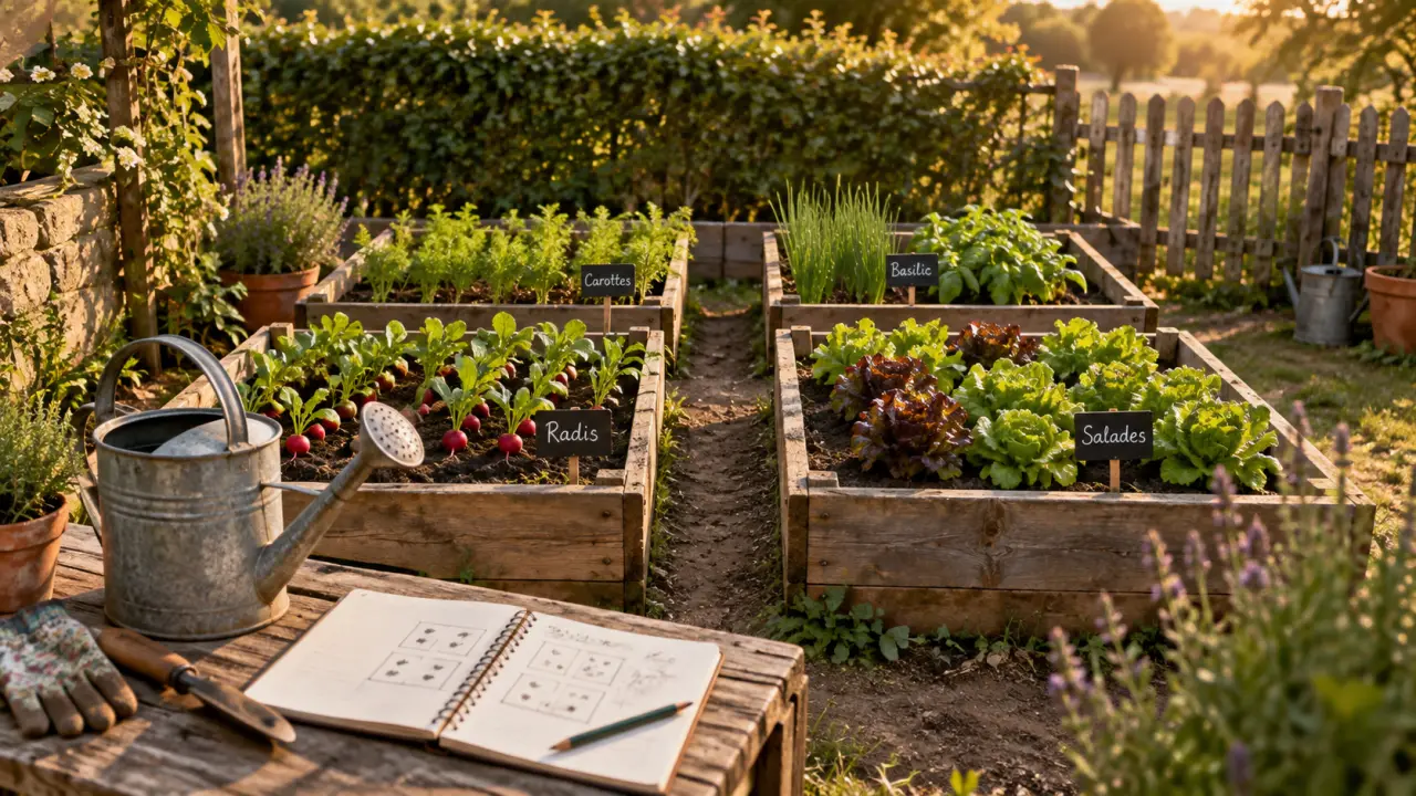 Plan potager debutant 4 m² facile, bacs en bois et allées