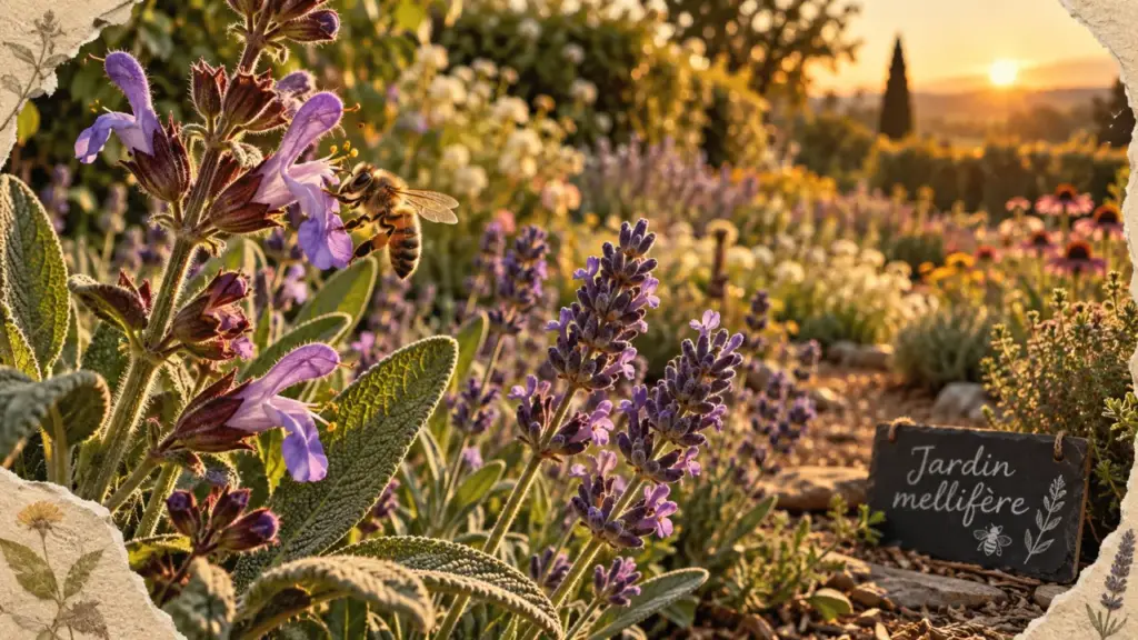 Plante mellifère : abeille sur lavande et sauge en fleurs