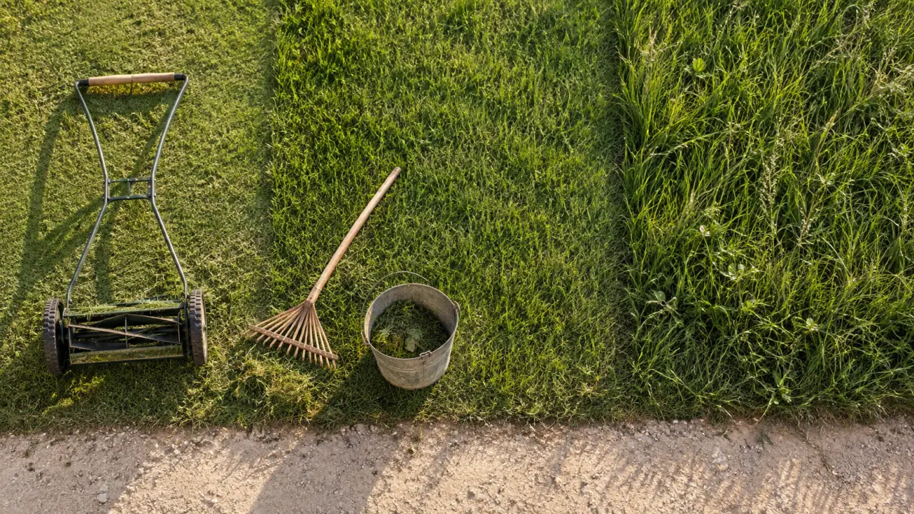 Photo tonte raisonnée : pelouse en bandes avec tondeuse