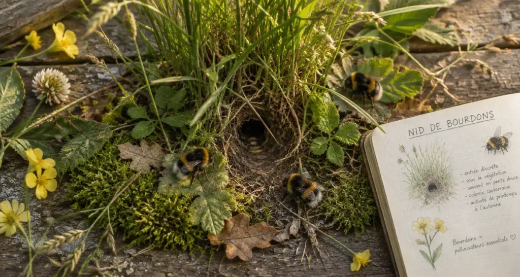 Bourdon nids : nid de bourdons sur sol, bourdons autour