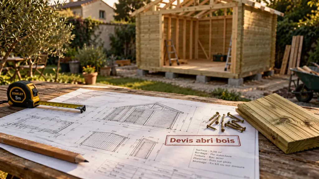 Cabanon jardin bois en bois, chantier et plan coté sur table