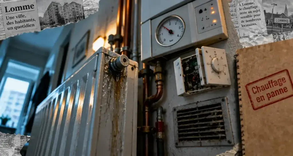 Chauffage Lomme : radiateur avec traces d’humidité et manomètre visible