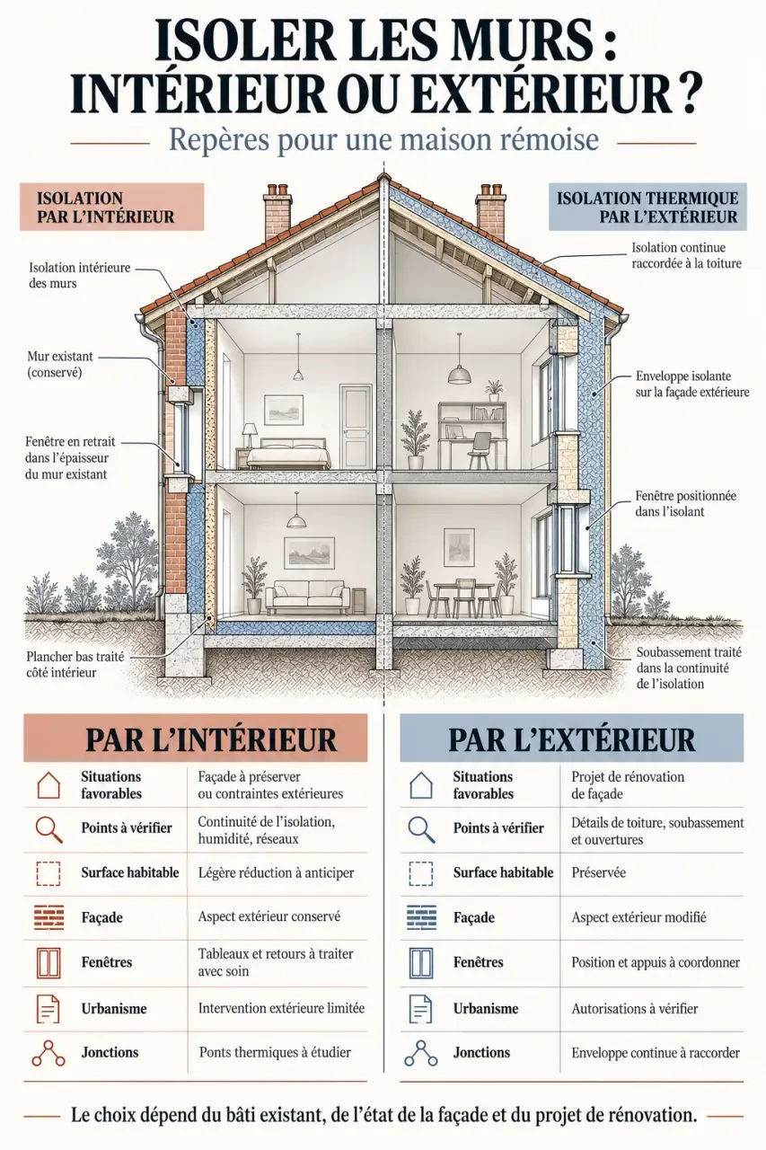 Travaux d’isolation à Reims : choisir entre murs, combles et façade avant de signer 2 Infographie sur les travaux isolation Reims : isolation intérieure ou isolation thermique par l’extérieur