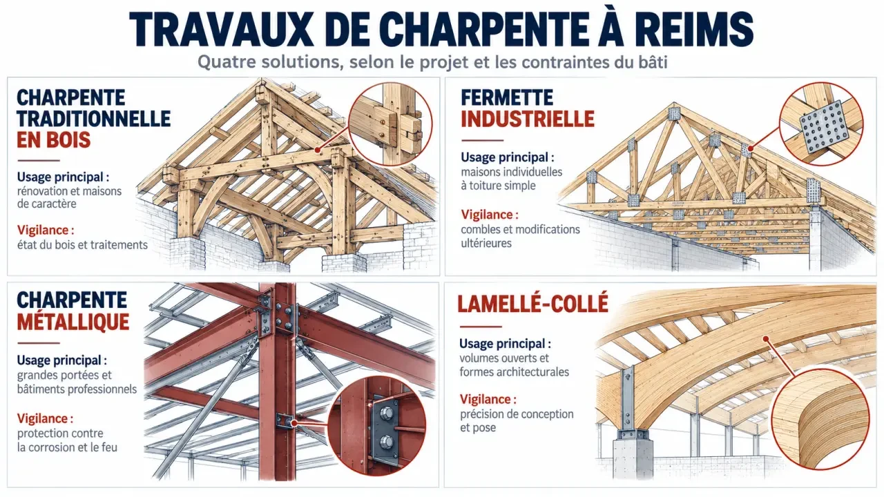 Travaux de charpente à Reims : le devis le moins cher peut oublier l’essentiel 2 Infographie comparative sur les travaux de charpente à Reims et les principales solutions de structure