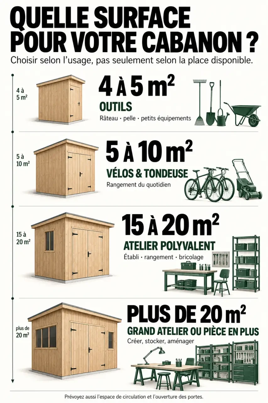 Cabanon de jardin en bois : évitez le petit prix qui cache un gros chantier 2 Infographie pour choisir un cabanon jardin bois selon la surface et l’usage