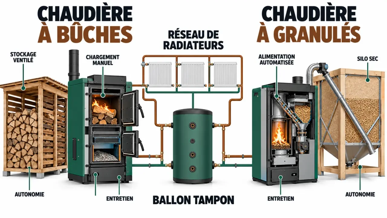 Comparaison visuelle d’une chaudière à bûches et d’une chaudière à granulés pour le chauffage central au bois