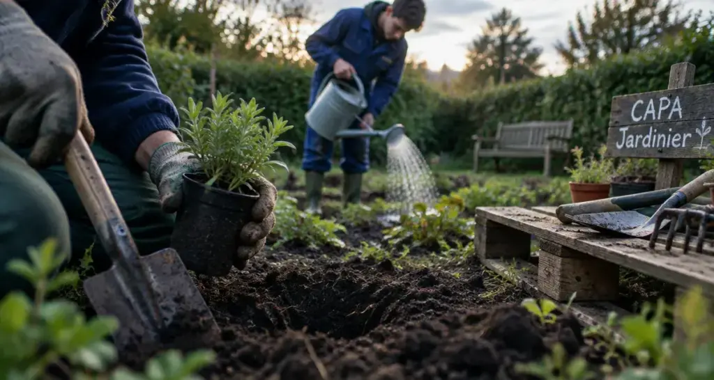 Formation paysagiste adulte CAPA jardinier : apprenants en jardin
