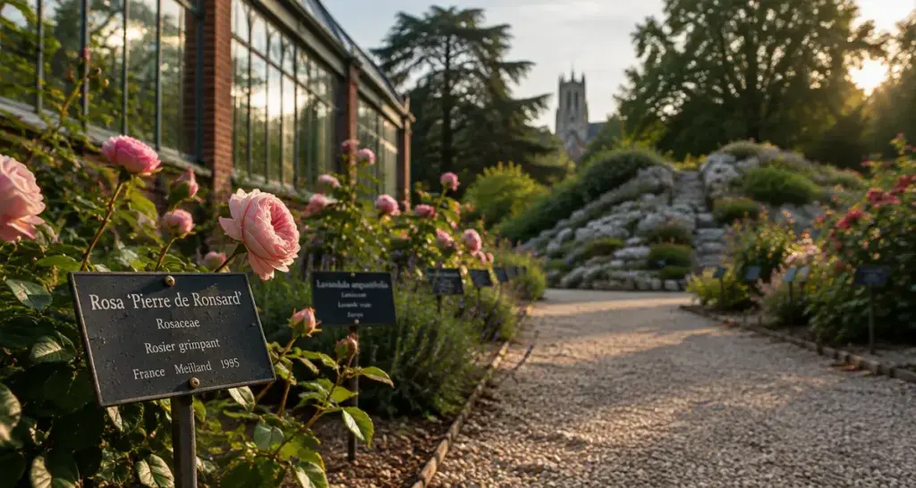 Jardin des plantes amiens : chemin en gravillons et rosiers fleuris